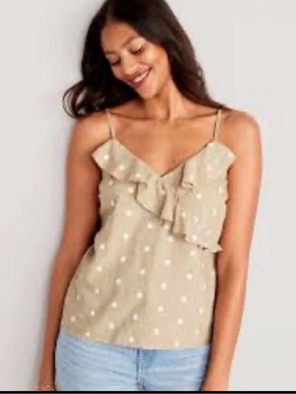 Old Navy Ruffle Linen Blend Tank Top Womens XL Cami Adjustable Straps Polka Dot